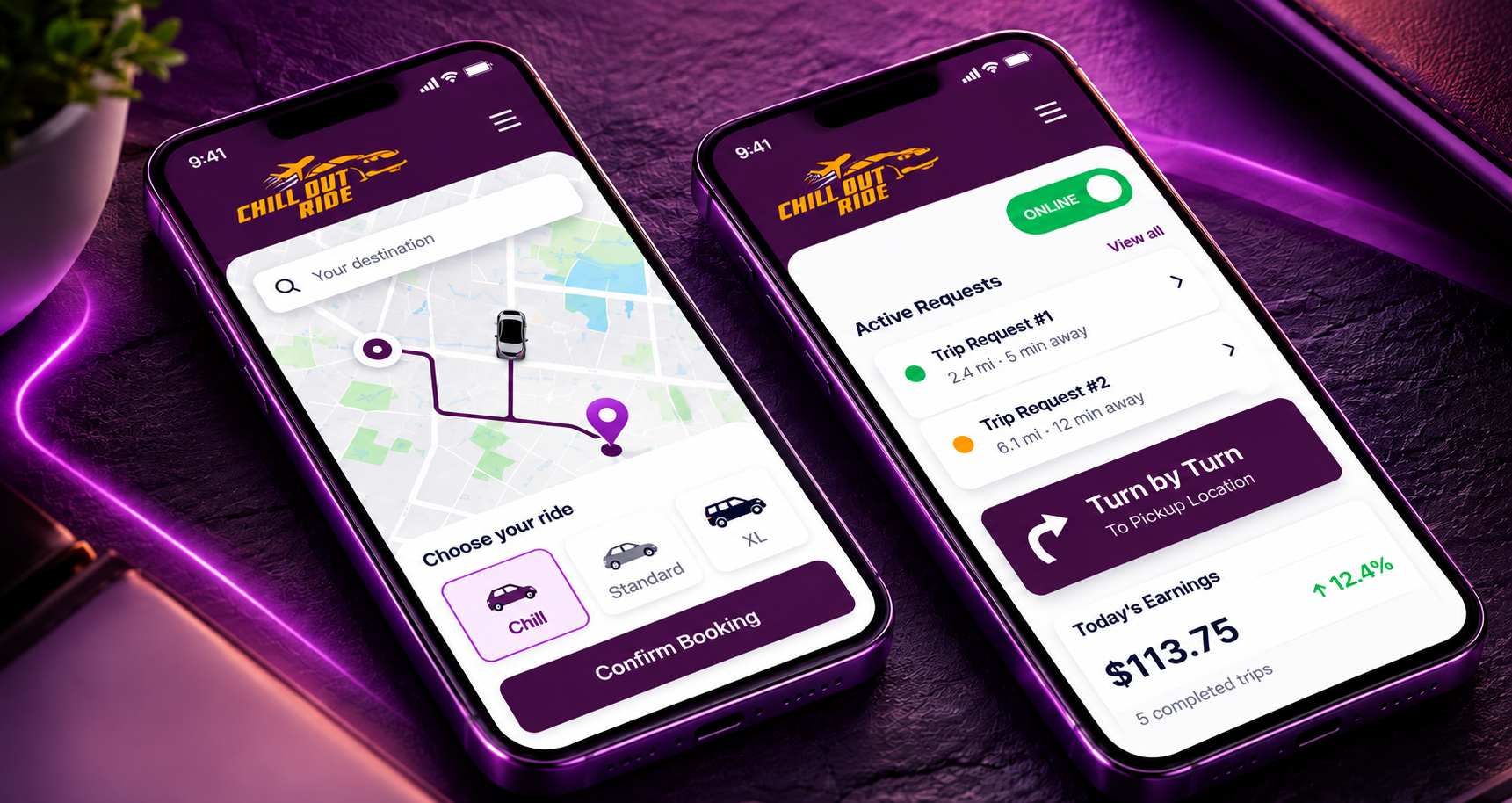 Chill Out Ride rider mobile application interface